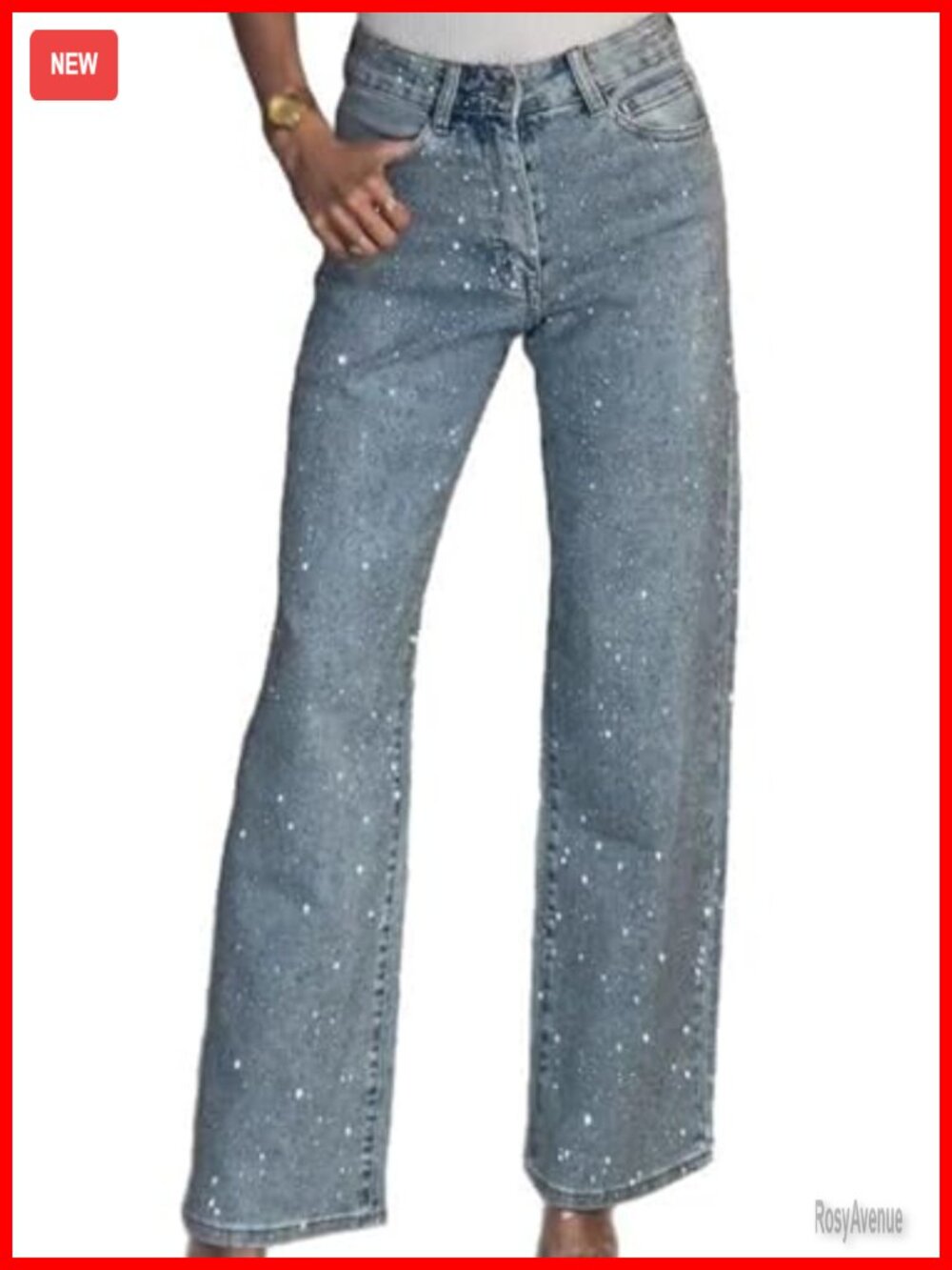 High Waisted Rhinestone Straight Wide Leg Baggy Denim Jeans Sparkly Bling